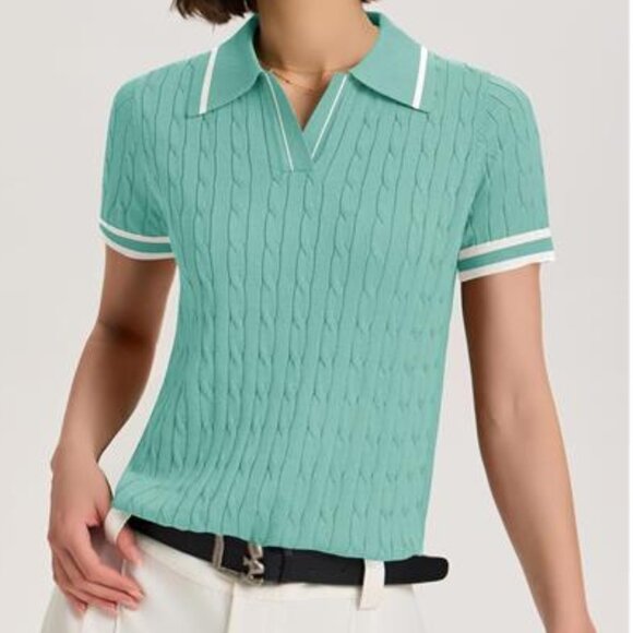 Women’s Short Sleeve Lightweight Cable Knit Sweater Top Mint Green V-Neck Blouse - Picture 4 of 6